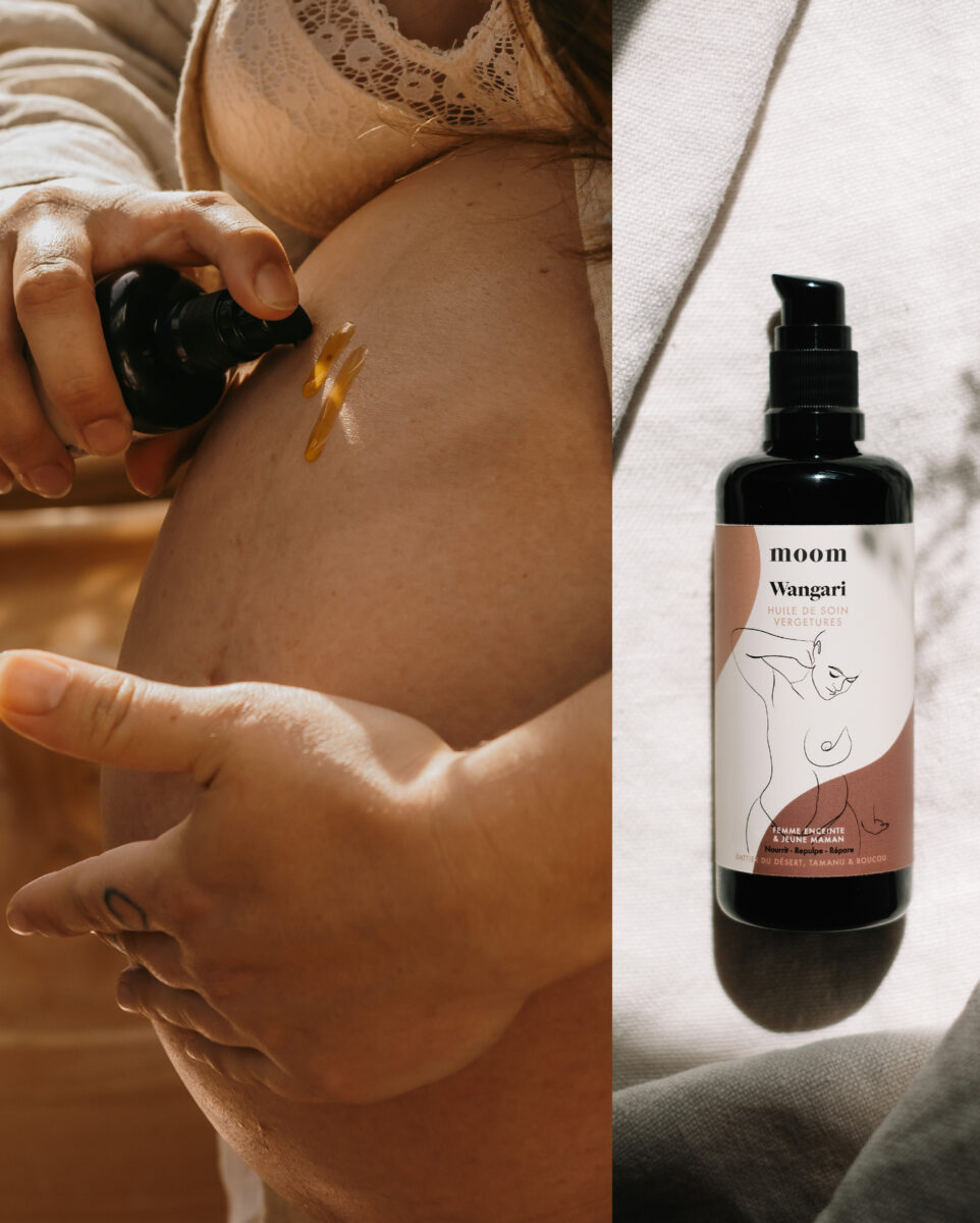 Huile de soin bio compatible grossesse à utiliser pour les massages et nourrir la peau pour lutter contre les vergetures et la perte d'élasticité